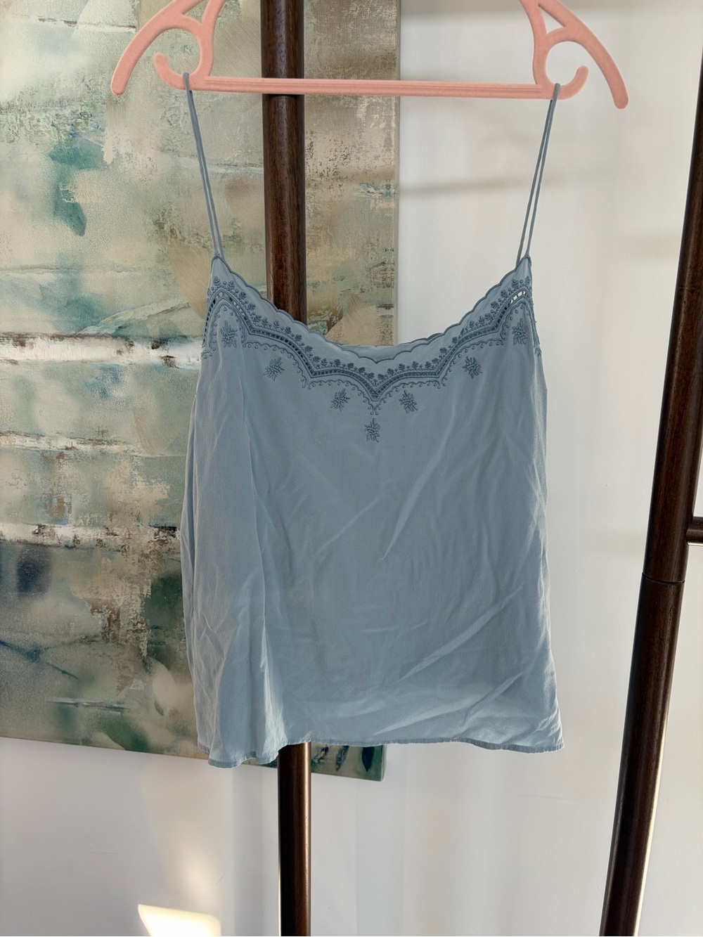 Sezane Light Blue Silk Lace-Trim Cami Top